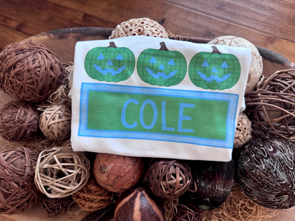 Green & blue pumpkin name plate