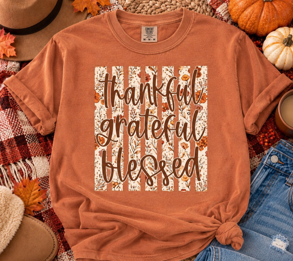 Thankful Grateful Blessed floral stripe